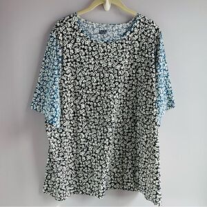 Lands End Rash Guard Top Ditsy Floral Navy Blue White Beach Swim Vacation EUC 2X